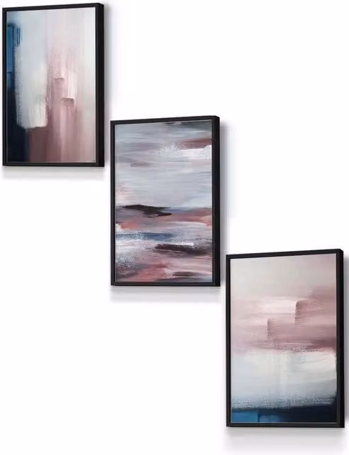 ARTZE Abstract Navy Blue, Grey and Blush Pink Oil Framed Wall Art in Black, W: 33 cm, H: 45 cm, D: 0.2 cm