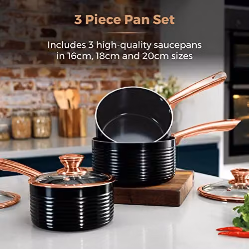 Tower 3 Piece Ceramic Non Stick Saucepan Set with Lids, Black and Gold – 3