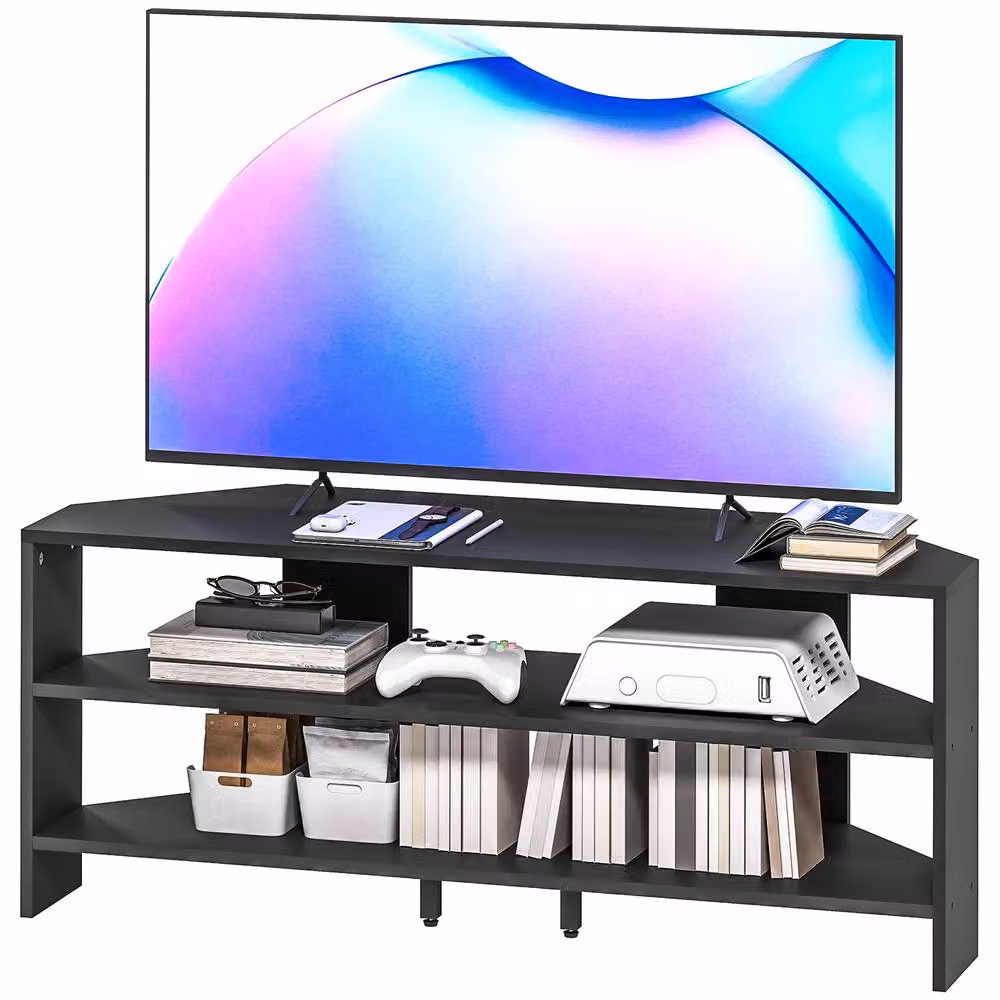 STILVORA Modern Black Wood Corner TV Stand with Media Compartments – 4