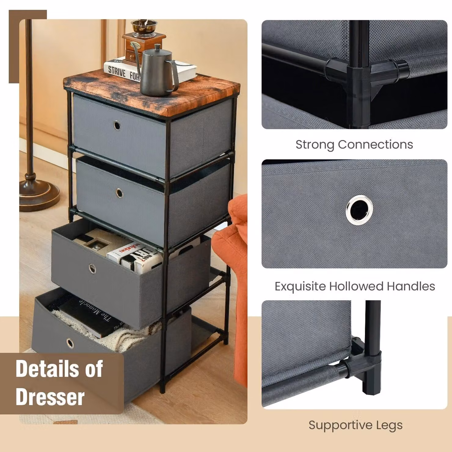 Costway 4-Tier Fabric Dresser and Storage Organizer Tower in Grey – 5
