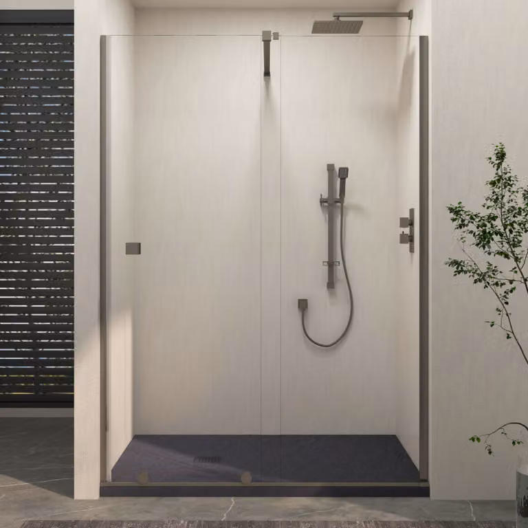 Royal Bathrooms Luton Recessed Sliding Shower Screen with Grey Slate Effect Mineral Cast Stone Shower Tray, Gun Metal Grey, W: 170 cm, D: 90 cm, H: 195 cm