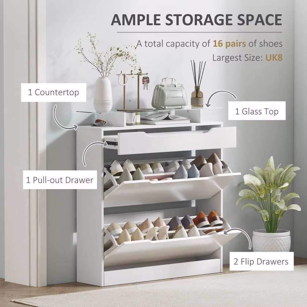 Wyld Haus Masola White Narrow Shoe Cabinet with 2 Flip Doors, Slide-Out Drawer and Tempered Glass Top – 3