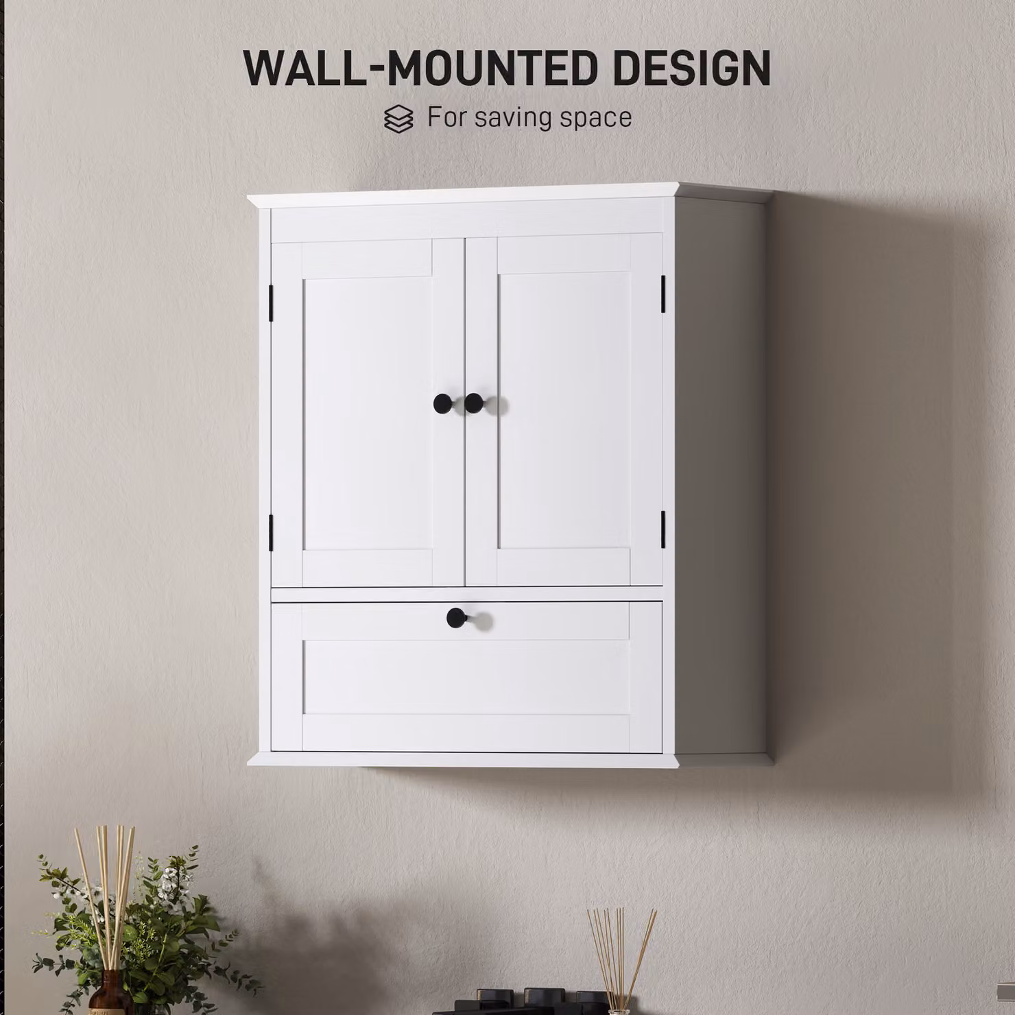 HOMCOM White Wall-Mounted Bathroom Cabinet with Hinged Doors and Internal Shelves – 3