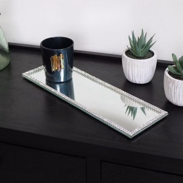 Melody Maison Rectangular Jewelled Mirrored Display Plate Tray in Silver