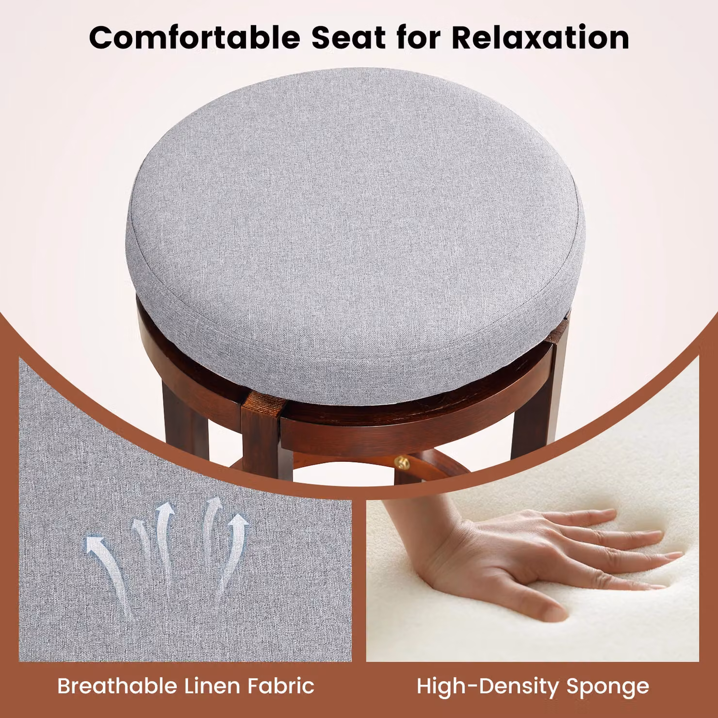 Costway Set of 2 Grey Wooden Counter Height Bar Stools with 360 Degree Swivel and Padded Fabric Seats – 5