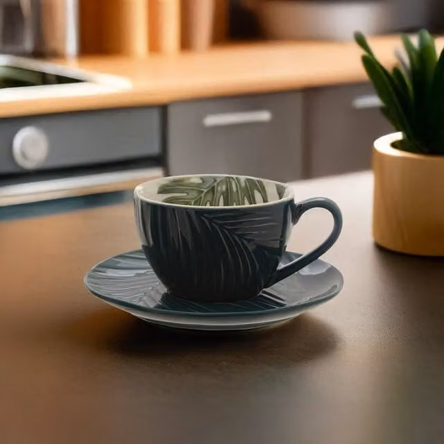 Orsina Green and White Porcelain Coffee Cup and Saucer Set with Tropical Floral Leaf Design