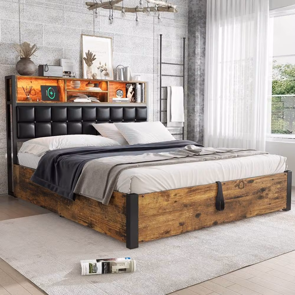 Matteo Hydraulic Storage Double Bed in Black with Integrated USB, LED Lighting and Padded Headboard, W/D/H: 140 x 200 x 135 cm – 3