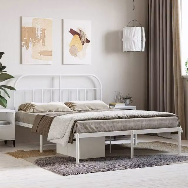 Berkfield Home Metal Bed Frame with Headboard in White, W/D/H: 150 x 200 cm – 1