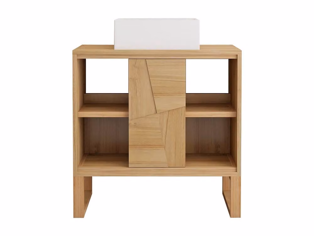 Vente-unique Freestanding Teak Bathroom Vanity Unit with Square Ceramic Countertop in Light Oak – 2