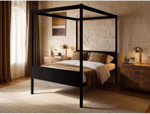 Flair Maddy Black Solid Wood 4 Poster Canopy Bed, W/D/H: 140 x 200 cm
