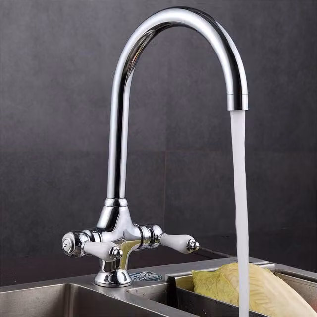 SPETLEK Traditional Kitchen Sink Mixer Tap with Dual Lever and Swivel Spout in Chrome Silver – 1