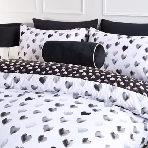 OHS Heart Print Superking Duvet Cover and Pillowcase Set, Reversible Microfibre Polyester Bedding in Mono White and Black, Duvet Cover 200 x 220 cm, Pillowcases 50 x 75 cm – 3