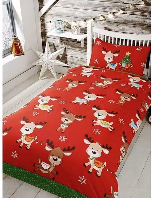 Rapport Rudolph & Friends Christmas Duvet Cover and Pillowcase Set in Red, W: 140 cm x H: 200 cm and Pillowcase: 90 x 200 cm
