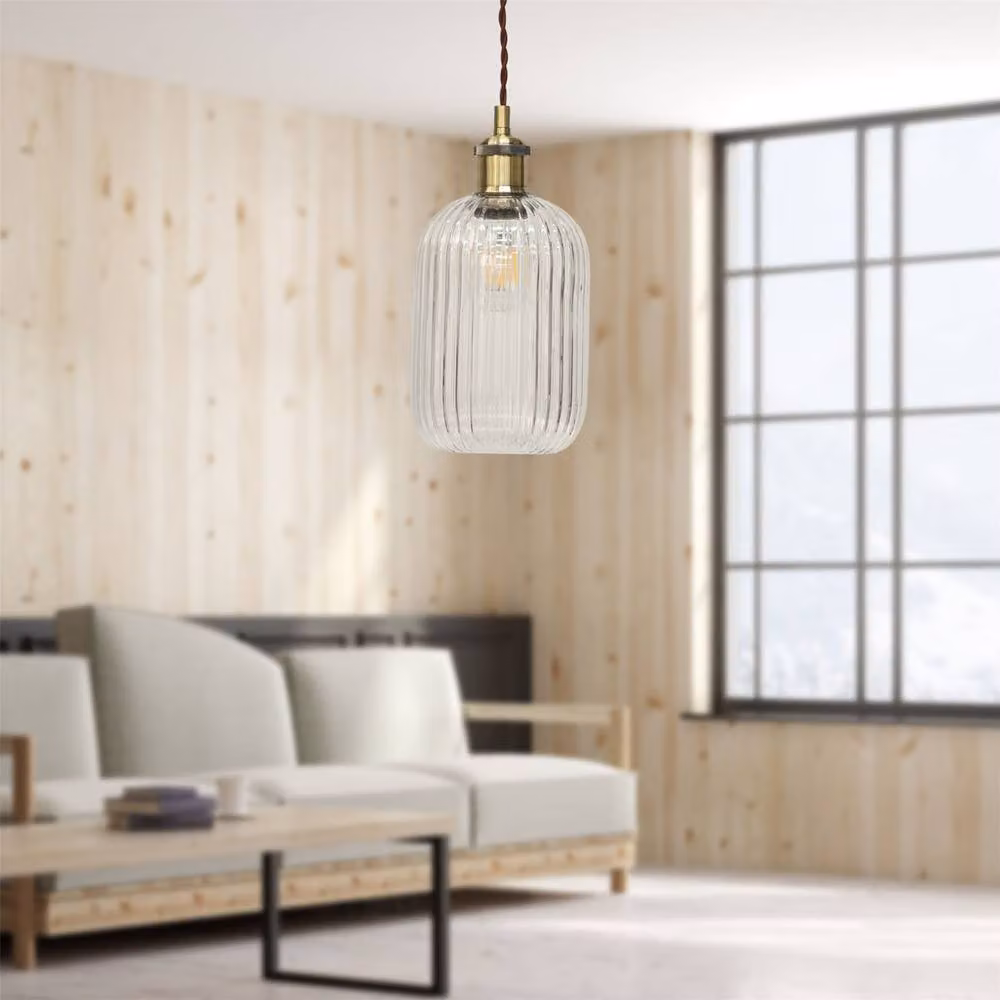 First Choice Lighting Batley Retro Pendant Fitting with Transparent Ribbed Glass and Antique Brass Finish – 2