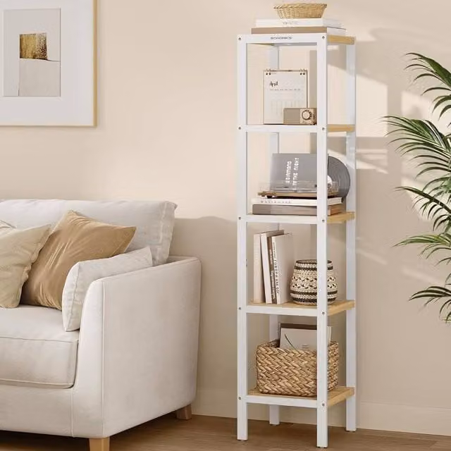 The Bazaarist 5 Tier Bamboo Corner Storage Shelf in White and Natural Wood