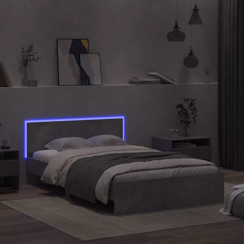 Berkfield Home Small Double Bed Frame with Headboard, LED Under-Bed Lighting and USB Charging Port, Concrete Grey, W: 120 cm, L: 190 cm – 2