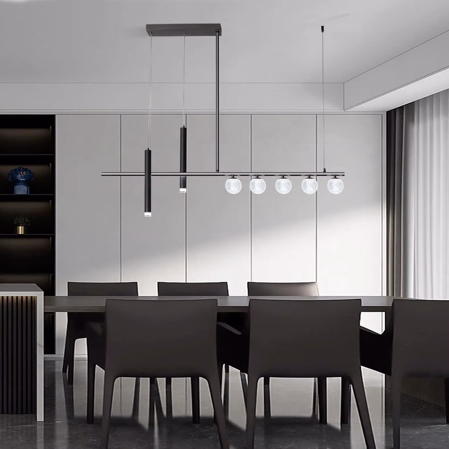 Garwarm Modern Black LED Pendant Light with Crystal and Metal Details, Remote-Controlled and Dimmable, Length: 120 cm – 3