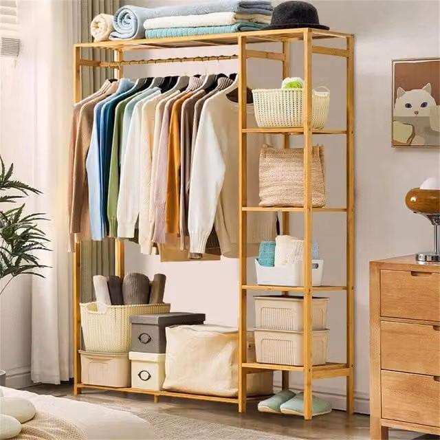 EONLION Natural Bamboo Clothes Rail and Open Wardrobe Corner Cabinet – 1