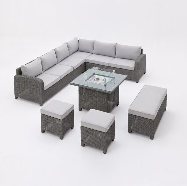 Segrada 6-Piece L-Shaped Rattan Garden Furniture Set in Dark Grey with Firepit Table