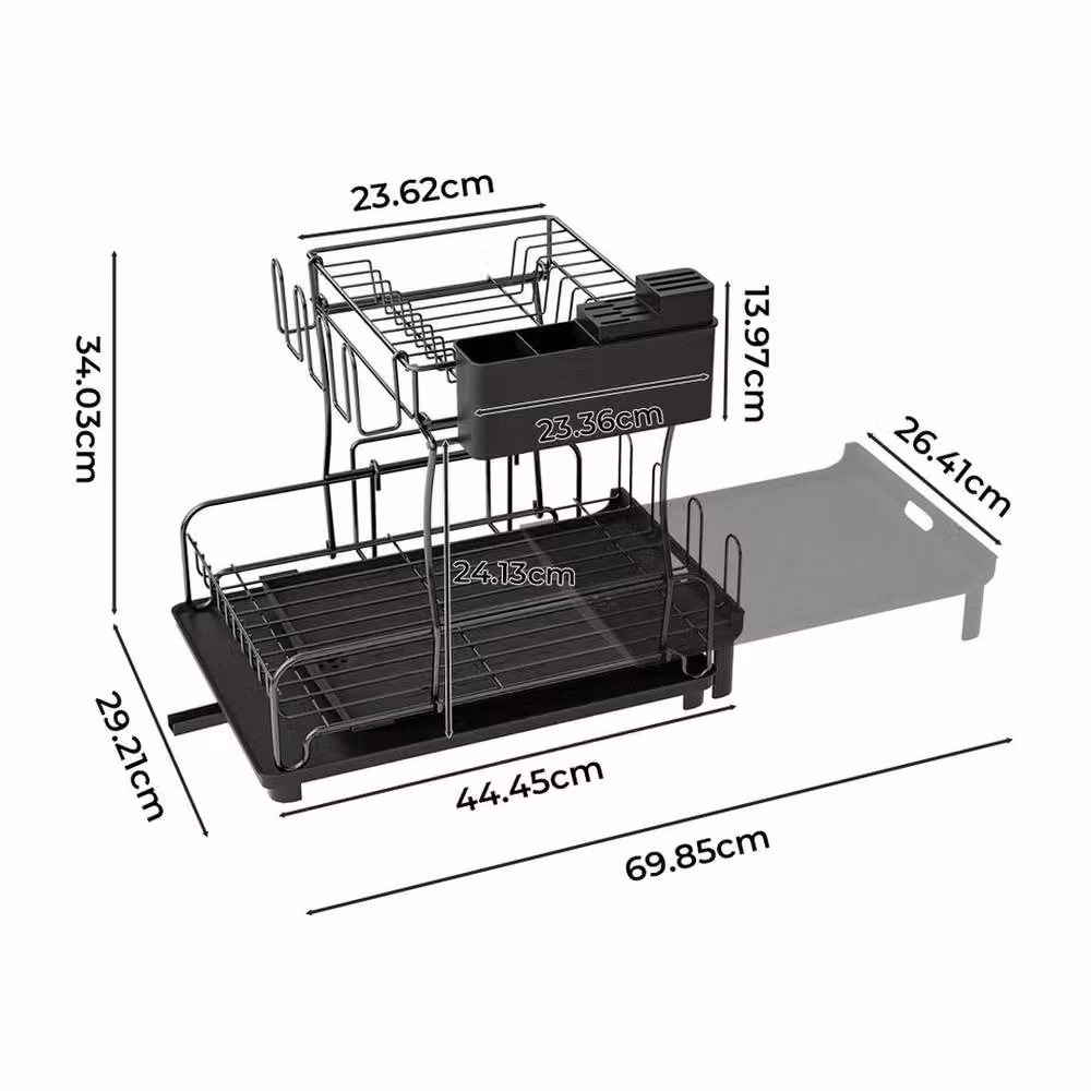 NESTLUNE Expandable 2 Tier Dish Drainer Rack with Cutlery Holder and Drip Tray, Black, W: 100 cm, D: 15 cm – 2