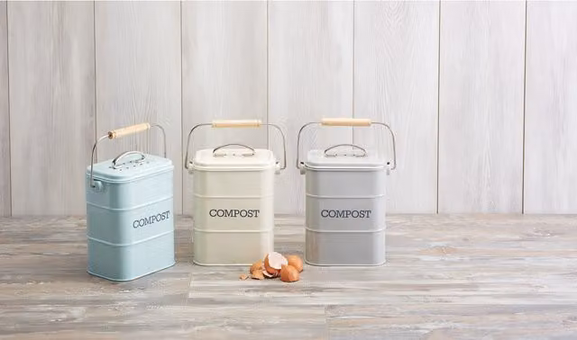 KitchenCraft Living Nostalgia Blue Steel Compost Bin with Odour Filter and Flip Lid