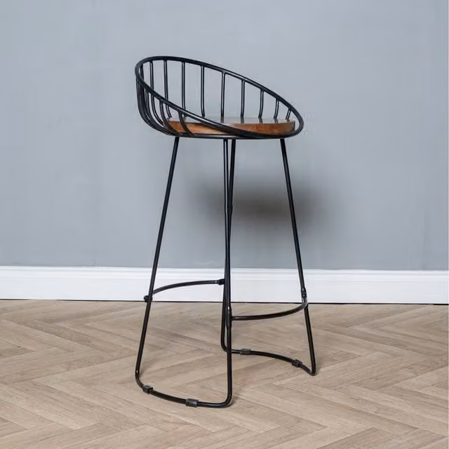 Elm Home and Garden Rustic Mango Wood and Metal Breakfast Bar Stool in Black