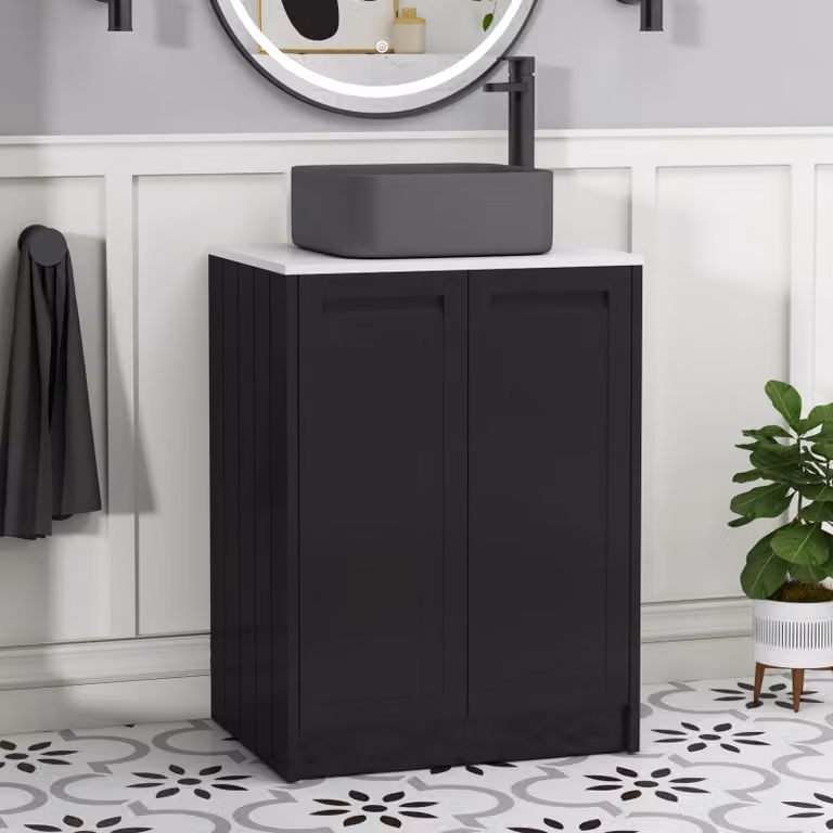 Royal Bathrooms Elmore 600mm Floor Standing 2 Door Vanity Unit in Matt Nocturne Black with Plain White Worktop and Art Square Basin