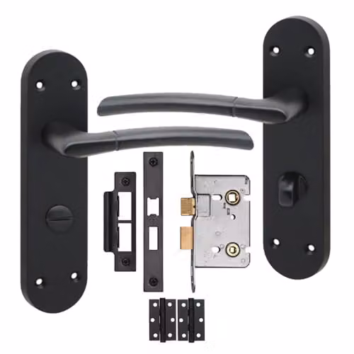 Golden Grace Long Backplate Victorian Bathroom Door Handle Set in Matt Black Zinc Alloy