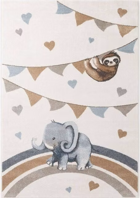 Villeroy & Boch Elephant Rainbow Party Boho Kids Rug in Beige and Multicolour, W: 160 cm, L: 230 cm