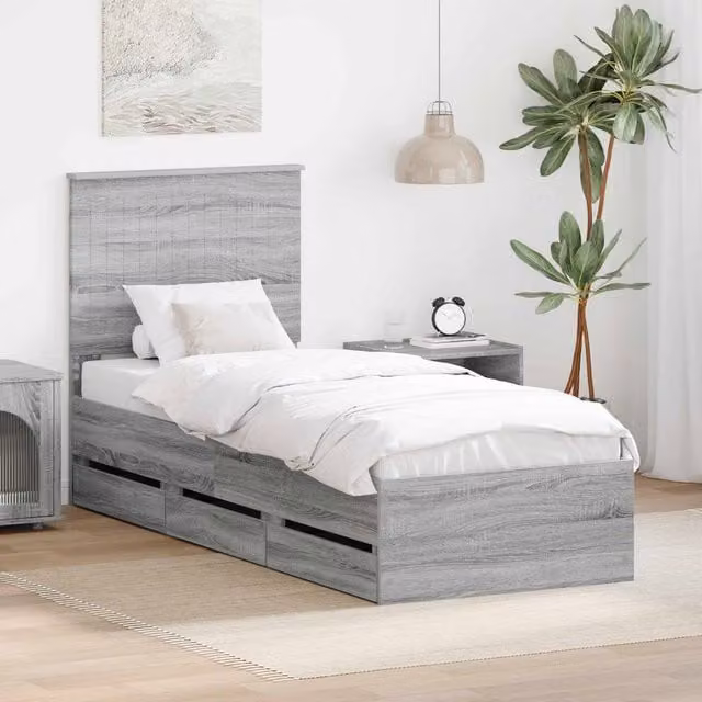 Berkfield Home Modern Bed Frame with Drawer in Grey Sonoma Engineered Wood W/D/H: 75 x 190 cm – 1