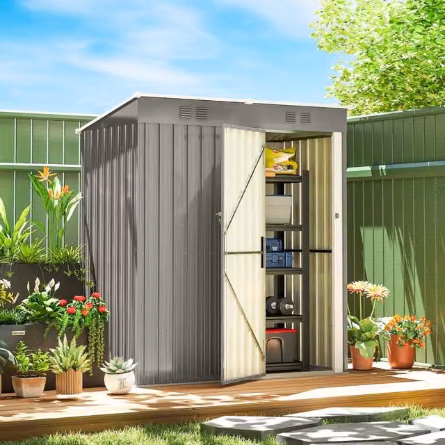 Outsunny Grey Galvanised Steel Lean-to Pent Garden Shed