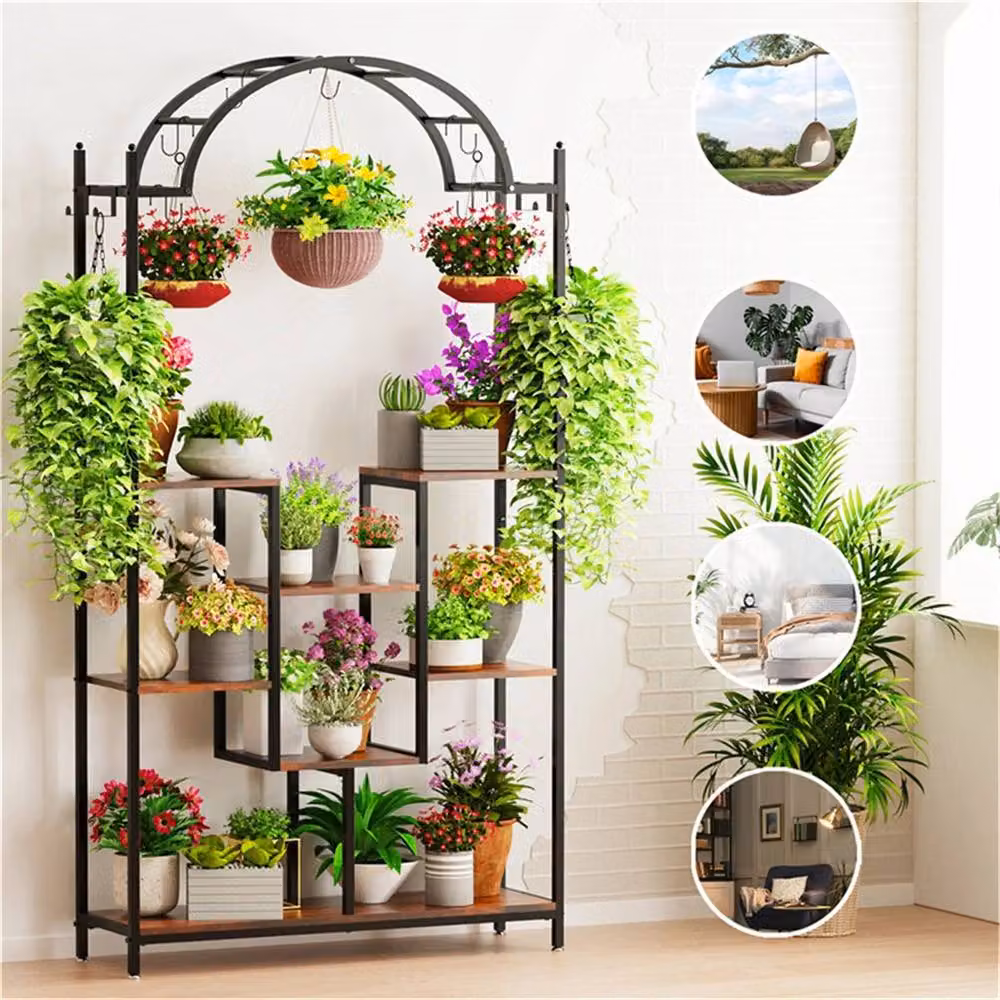 Nordara Arch Shape Tall XL Large Metal Vertical Plant Stand and Shelf in Black – 3