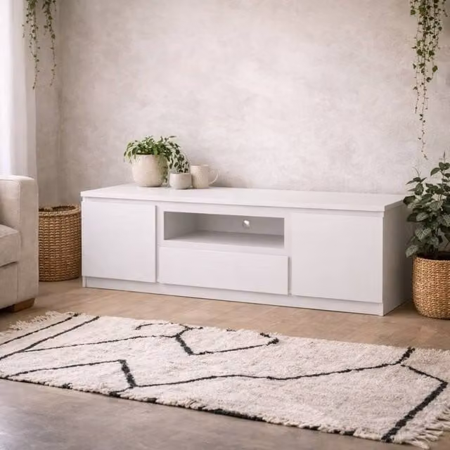 Wyld Haus Hemingway Modern White Wooden TV Unit with 2 Doors and 1 Drawer, W: 165.4 cm, D: 45.0 cm, H: 51.1 cm – 1