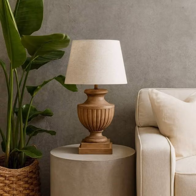 Wyld Haus Castelnau Flute Pedestal Table Lamp with Brown Wood Effect Base and Beige Fabric Shade, H 67 cm x W 45 cm x D 45 cm – 1