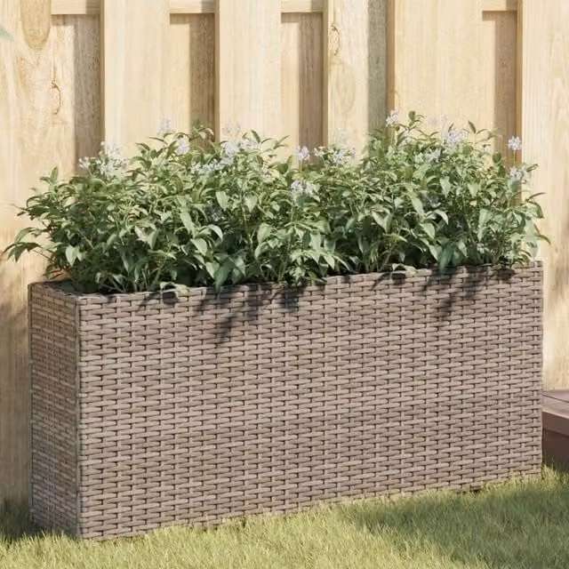 Berkfield Home Garden Planters with 2 Grey Poly Rattan Pots, W/D/H: 90 x 20 x 40 cm – 1