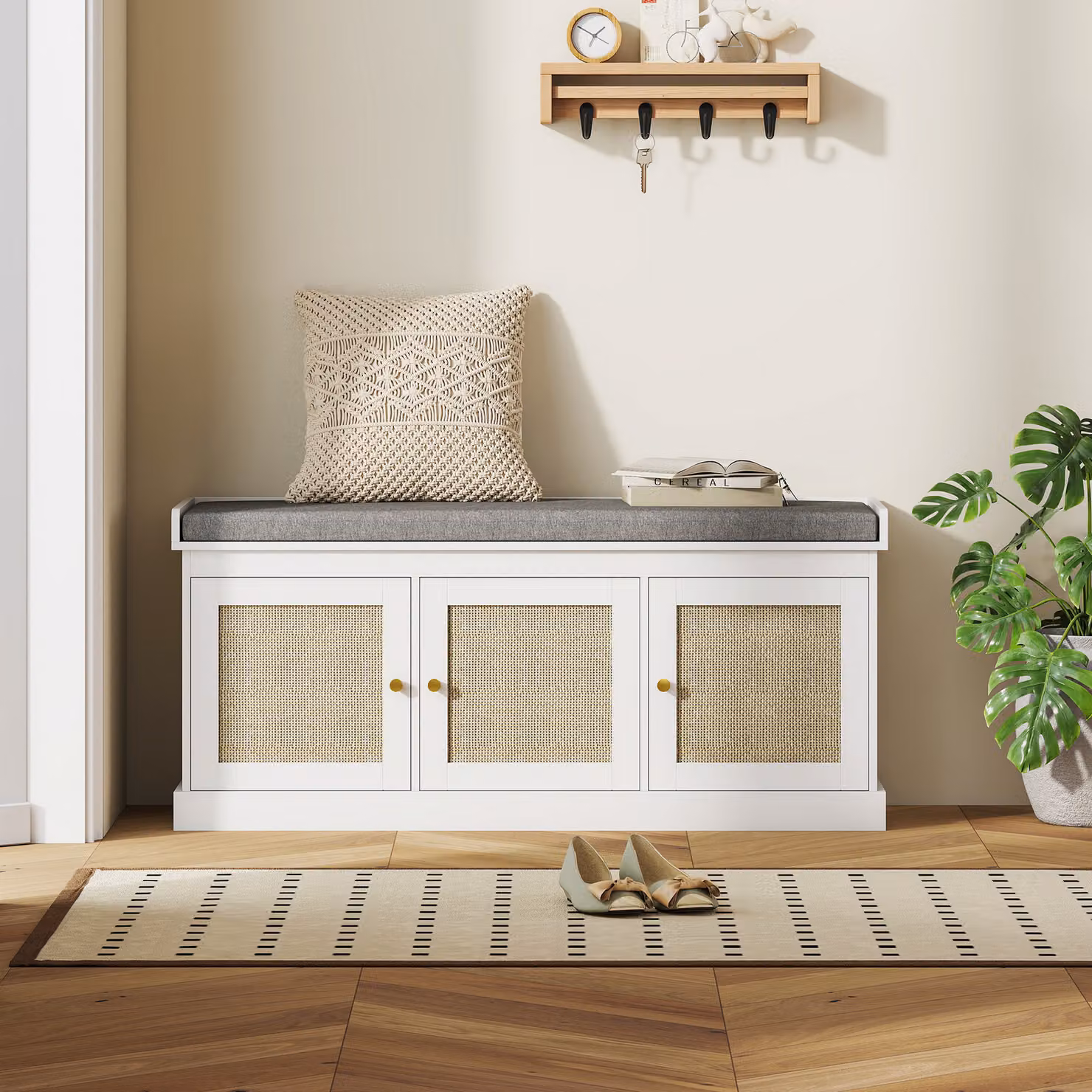HOMCOM Boho Shoe Storage Bench with Woven Rattan Doors in White – 3
