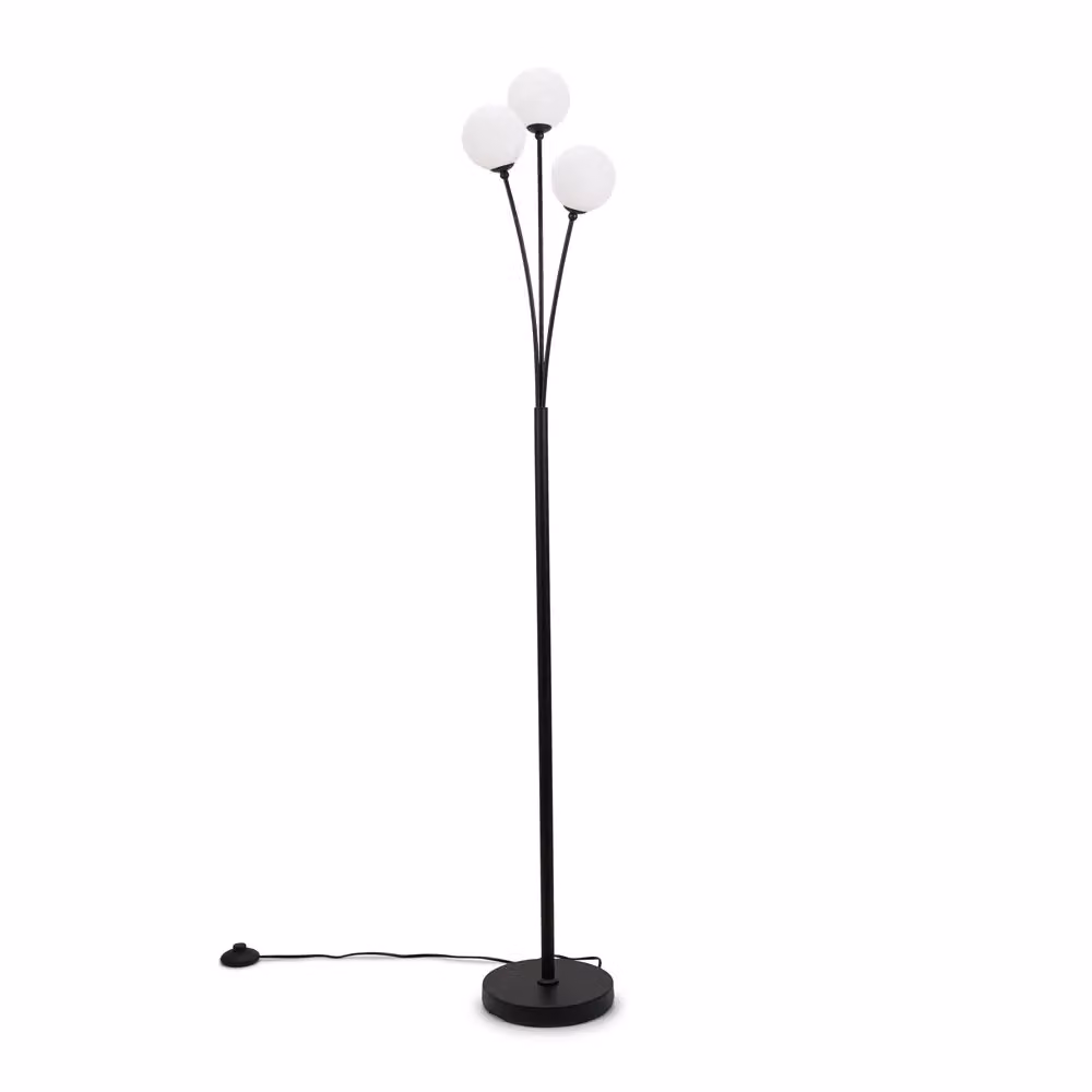 ValueLights Black 3 Arm Mid-Century Floor Lamp with White Frosted Glass Globe Shades and LED Bulbs Included – 2