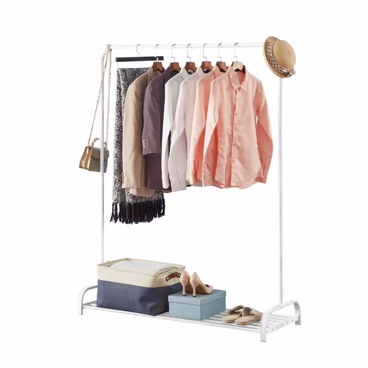 House of Home White Metal Clothes Rail and Shoe Storage Shelf with Adjustable Feet, W/D/H: 120 x 45 x 160 cm – 2