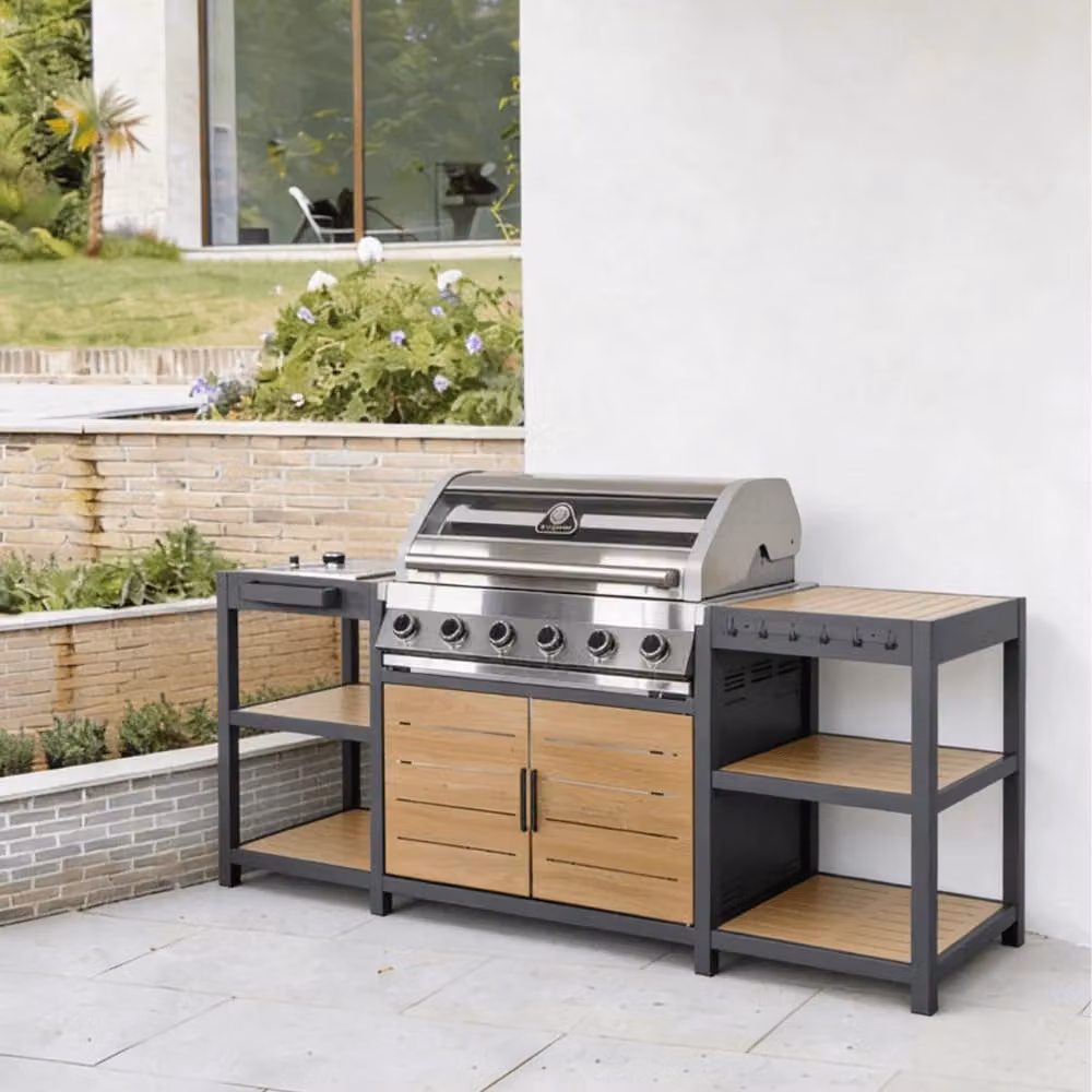Leisure Grow Savannah Hybrid 6 Burner Gas Outdoor Kitchen in Grey with Oak Wood Finish