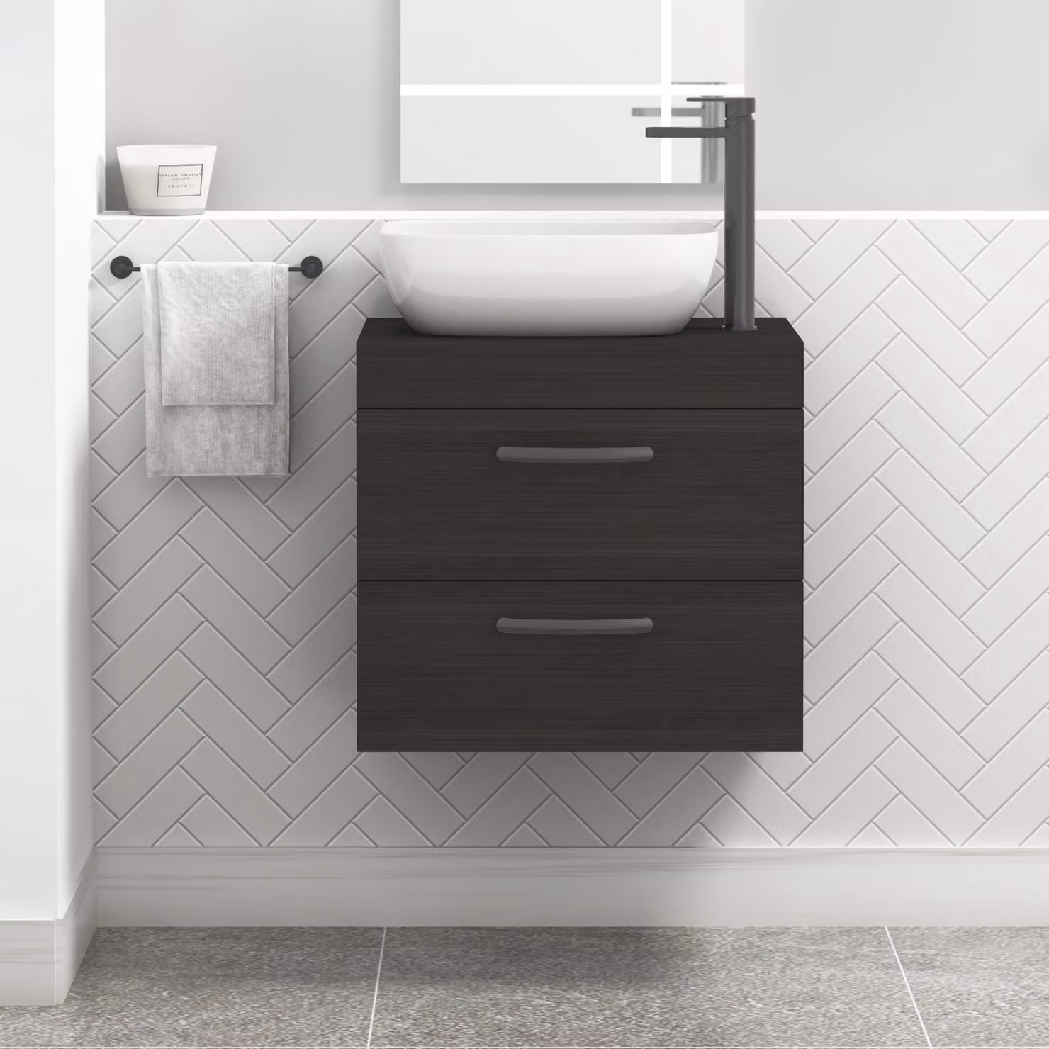 Royal Bathrooms Wall Hung 2 Drawer Vanity Unit with Elva Countertop Basin in Charcoal Oak and Matt Black Handles, Width: 60 cm