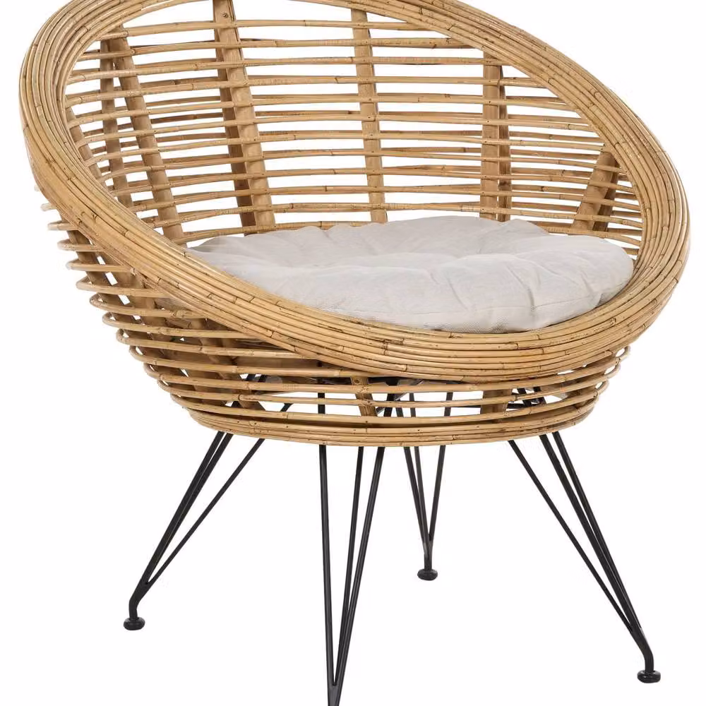 Wyld and Coco Natural Rattan Armchair with Light Beige Cotton Cushion and Black Metal Legs – 2