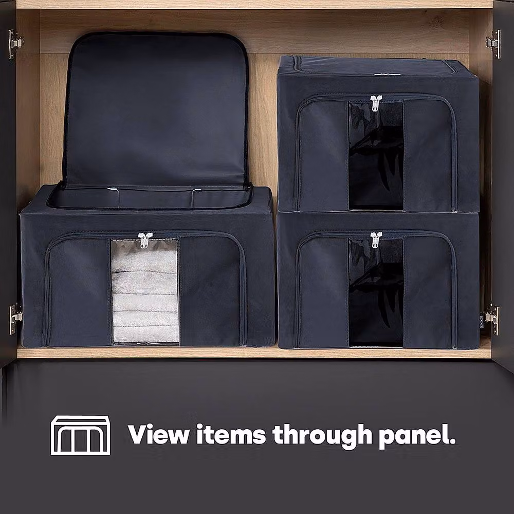 YnysTec 3-Piece Zipped Clothes Storage Bags in Dark Blue, Large Wardrobe Closet Organiser Boxes with Lids – 7