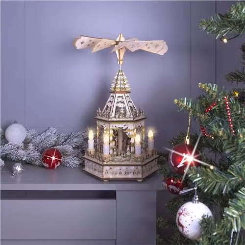 Netagon White Wooden Battery Powered Tabletop Christmas Pyramid with 6 LED Lights – 3