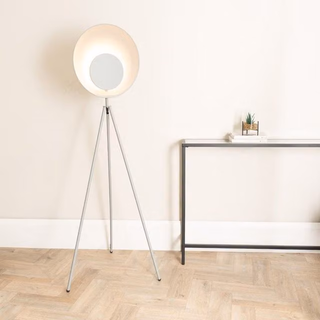 ValueLights Saffy Grey Metal Tripod Floor Lamp with Integrated Warm White LED Disc Shade