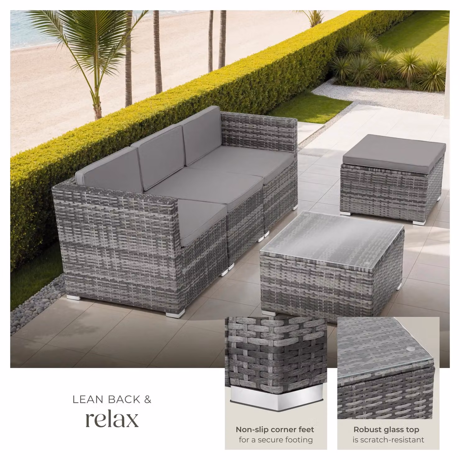 tectake Lignano Grey Polyrattan Garden Furniture Set for 4 People with Upholstered Cushions and Coffee Table – 4