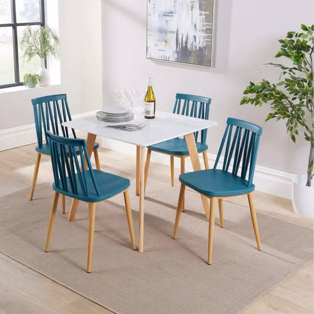 Home Source Trinity Square Dining Set with 4 Lucy Chairs in Petrol and White