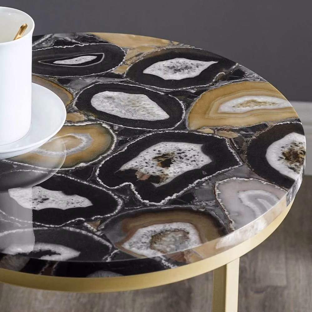 VOGREX Round Faux Stone Glam Side Table in Black, Gold and Multicolour, Diameter: 40.64 cm, Height: 40.64 cm – 2