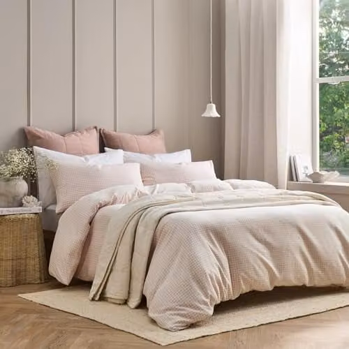Christy Gingham Yarn Dye Single Duvet Set in Pink, Cotton, W/D/H: 140 x 200 cm