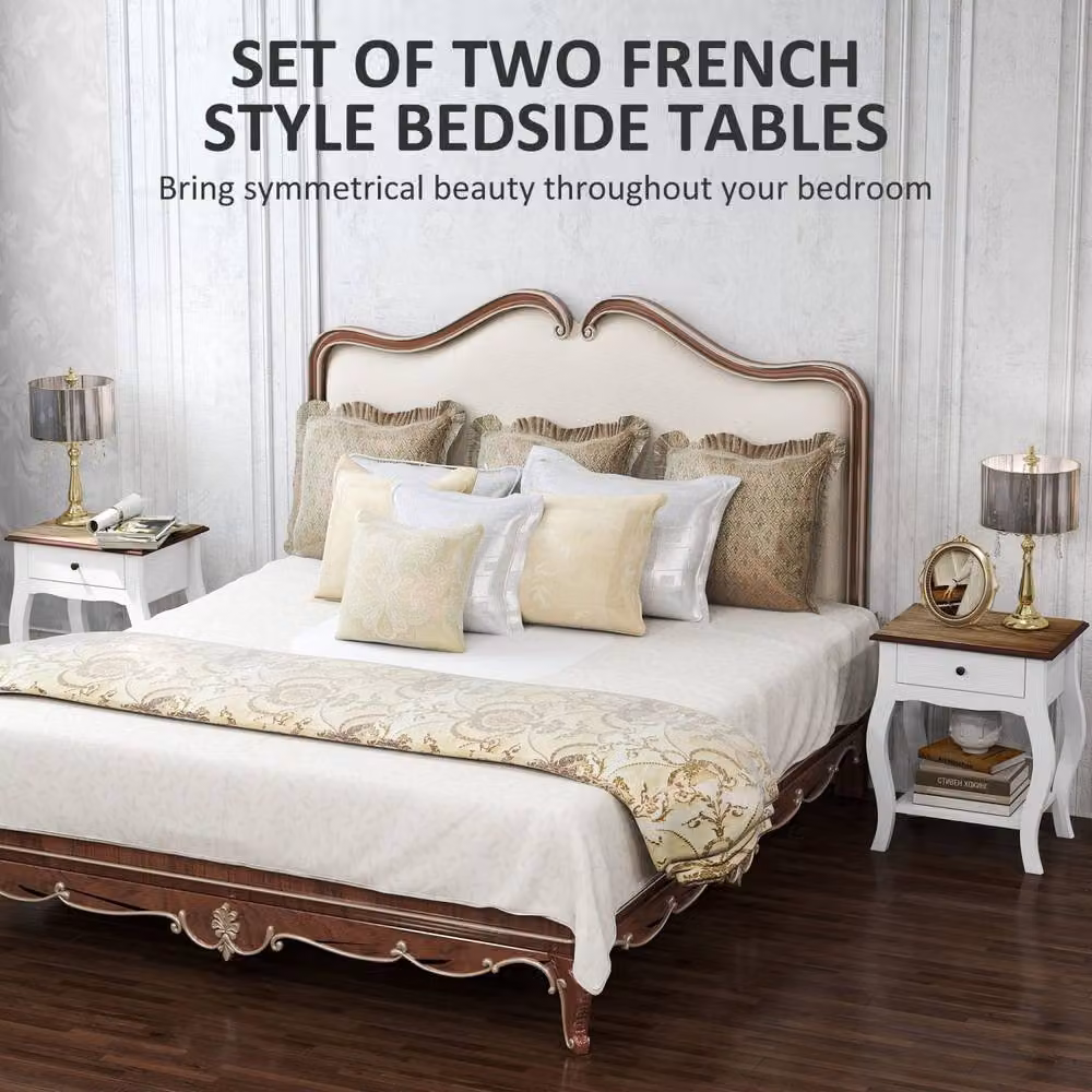Wyld Haus Rifipa White French Style Bedside Tables Set of 2 with Drawer and Open Shelf – 3