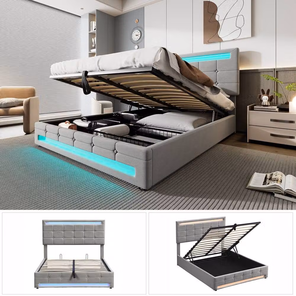 ModernLuxe Grey Velvet Double Ottoman Bed with LED Under-Bed Lighting and Headboard, W/D/H: 135 x 190 x 123 cm – 6